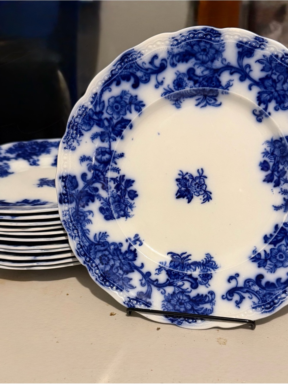 12–9 in Flow Blue Plate, Lancaster Pattern, Wharf Pottery, Antique
